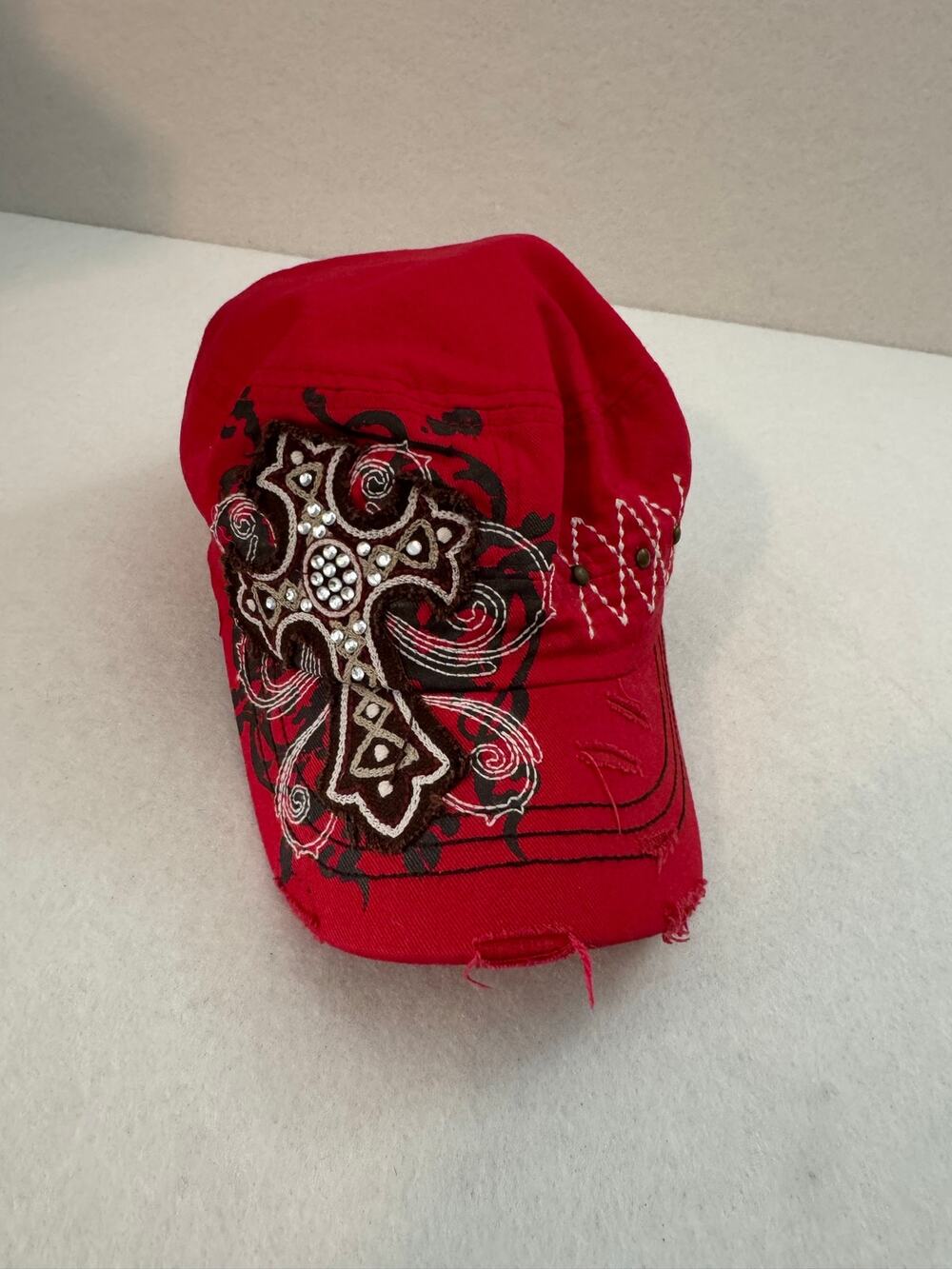 KBEthos Women's Vintage Y2K McBling Style Distressed Cadet Cap Jeweled Cross Red